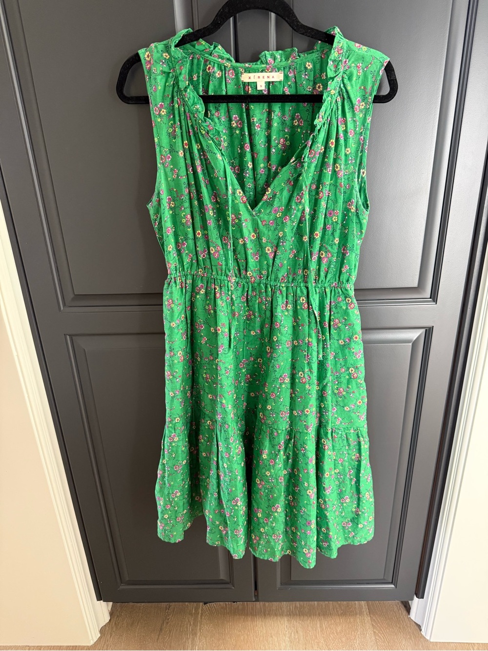 XíRENA Green Floral Cotton Silk Tie Neck Sleeveless